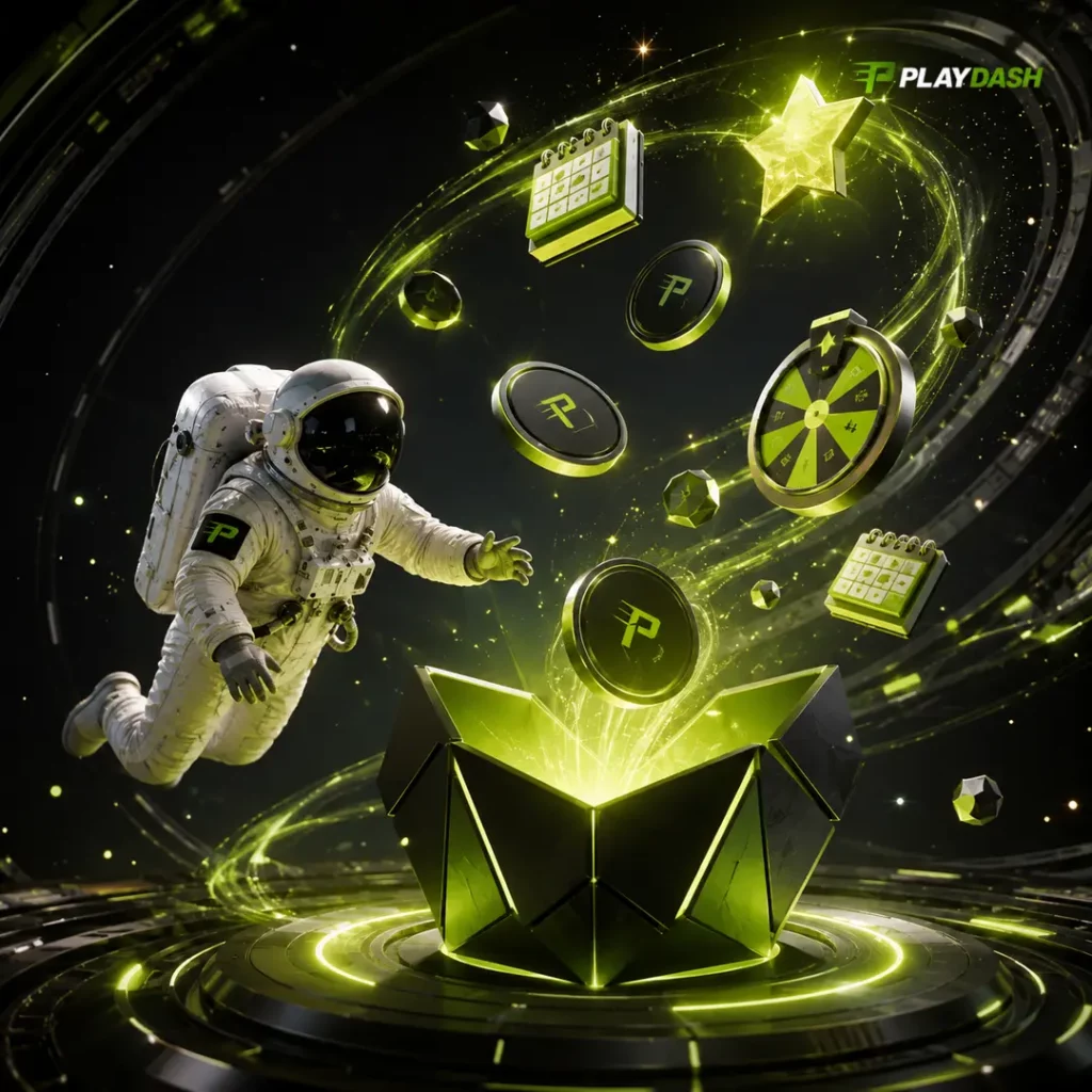 PlayDash astronaut with lootbox rewards and bonus tokens